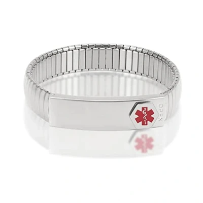 Image of YINOX Medical Alert Bracelet for Men Womens Ladies ID Bangle Elastic Stainless Steel Personalised (Put Details in Lift up Section, Customized Card+Strips Free)