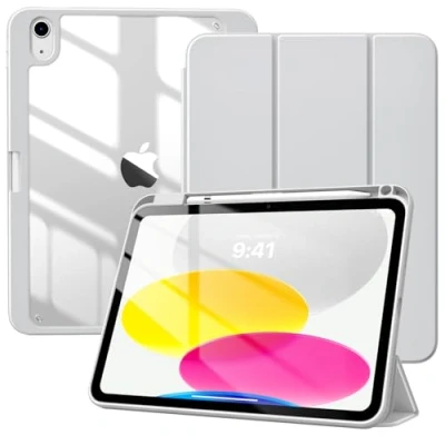 Image of TiMOVO Case for iPad 10th Generation 2022, 10 with Pencil Holder, Hybrid Slim Tri fold Stand Protective Cover 10.9 inch, Smart Shell Clear Back, Auto Wake/Sleep Light Yellow