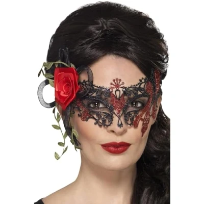 Image of Smiffys Day of the Dead Metal Filigree Eyemask, Black with Roses, Eyemasks Fancy Dress, Halloween Dress Up Eye masks