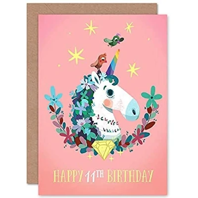 Image of Wee Blue Coo Unicorn Flowers Birthday 11th Greetings Card
