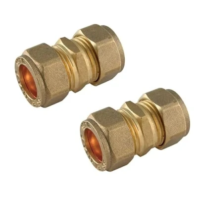 Image of UKDD® 15mm Straight Coupling Brass Compression Fittings Coupler WRAS Approved Pack of 2
