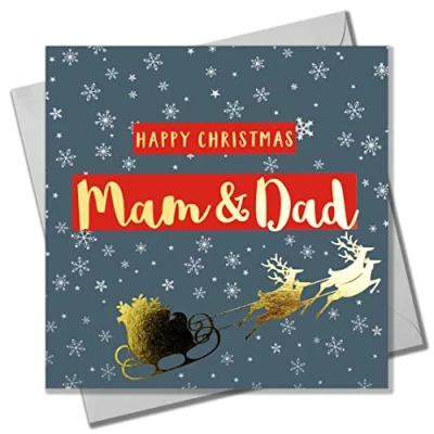 Image of Welsh Christmas Card, Mam &amp; Dad Sleigh Snowflakes, text foiled in shiny gold