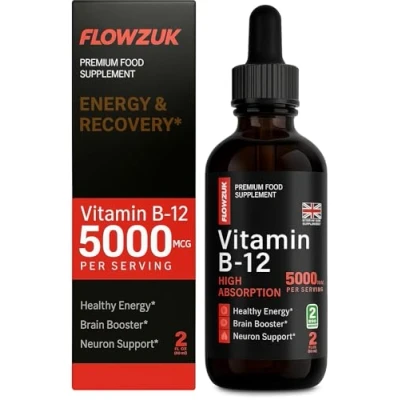 Image of Flowzuk Liquid Vitamin B12 Drops 5000 mcg Methylcobalamin High Strength 60ml Supplement Dropper Vegan Friendly Fast Absorbing, Gluten Free