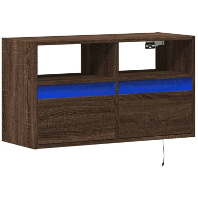 Image of vidaXL TV Wall Cabinet with LED Lights Floating Unit, Engineered Wood, Brown Oak, 80x31x45 cm, 2 Drawers, Compartments, Space Saving Design