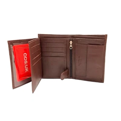 Image of ODS:UK Mens RFID Blocking Safe Soft Leather Tri Fold Wallet Card Slots Id Window and Coin Pocket (Brown Style 2)