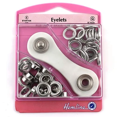 Image of Hemline Silver Nickel Eyelet Starter Kit 8.7mm (24 sets) With Metal Grommet Tool Washers Eyelets Hole Punch &amp; Storage Case mm H438P.8.N