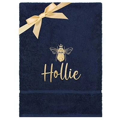 Image of TeddyT&#039;s Personalised Gold Bee Embroidered Towel (Hand Towel, Navy)