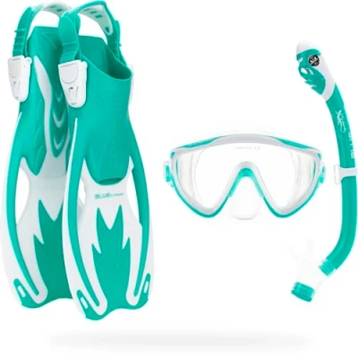 Image of CRESSI Tinetto Rocks Dry Set Aqua Green/White S/M Kids Snorkeling Short Adjustable Fins, Silicone Mask, and Snorkel, Green/White,