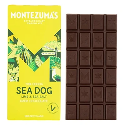 Image of Montezuma&#039;s Sea Dog, 70% Cocoa, Dark Chocolate With Salt &amp; Lime, Gluten Free Naturally Vegan, 90g Bar