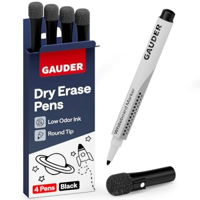 Image of GAUDER Whiteboard Marker Set (4 pens black) Dry and residue free erasable erase markers with sponge, ideal for whiteboards magnetic boards