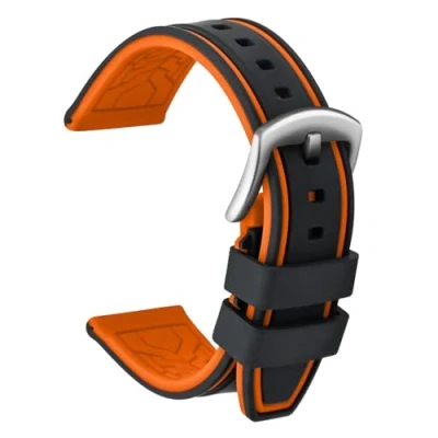 Image of ULLCHRO Silicone Watch Strap Replacement Rubber Band Waterproof Bicolor Men Women 20, 22, 24, 26mm Bracelet with Brushed Stainless Steel Buckle Silver (26mm, Black &amp; Orange)