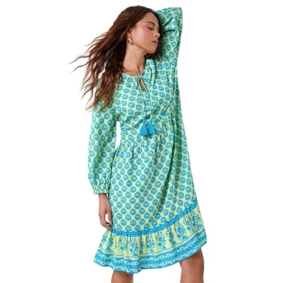 Image of Roman Petite Womens Border Print Tassel Smock Dress Green Size 14 UK