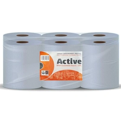 Image of indigo® Active Blue Centrefeed Roll 2 ply Laminated Embossed Strong Wiping Tissue Cleaning Home and Office 300 Sheets per Roll, Sheet Width 166mm 6 Rolls