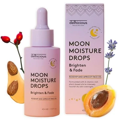 Image of Delhicious Anti Ageing Overnight Face Oil Drops Hydrating Serum &amp; Scar Treatment Nourishing Brightening Moon Moisture Apricot Rosehip Natural, Vegan, Ayurveda 40ml