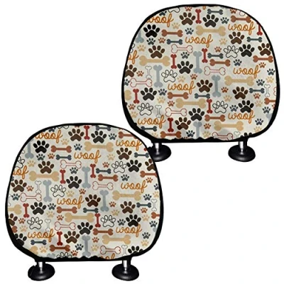 Image of TOADDMOS Dog Paw and Bone Car Seat Headrest Covers,Cute Head Rest Cover Cushion Universal Fit Auto Interior Accessory Set Pack of 2 (Beige)