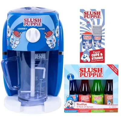 Image of Official SLUSH PUPPiE Machine Bundle. Includes 4 x 180ml Syrups, Raspberry, Red Cherry, Cola, Lemon &amp; Lime Flavours 20 Cups Straws. Officially Licensed Merchandise