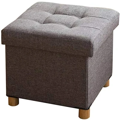 Image of BRIAN &amp; DANY Folding Ottoman Storage Box with Wood Legs, Linen Foot Stool, Footstool Storage, Highly Elastic Sponge Filling, Gray, 38 x cm