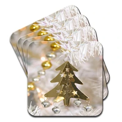 Image of Gold Christmas Tree Decoration Bells &amp; Stars Set of 4 Coasters