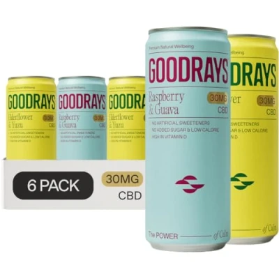 Image of Goodrays 30mg CBD Drink Mixed Pack 6 x 250ml Cans Natural Flavours, Low Calorie, Vegan Elderflower &amp; Yuzu, Raspberry Guava High Strength, All Reduce Stress Unwind