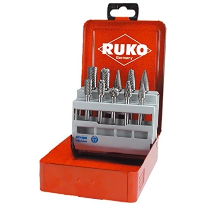Image of RUKO Tungsten Carbide Rotary Burr Set in Steel Case, Bright Finish, 10 Pieces, R116003