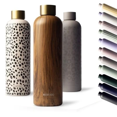 Image of MAMEIDO Metal Water Bottle 1l, 750ml &amp; 500ml Leak Proof Insulated Bottle. BPA Free Stainless Steel, Thermo Flask (Taupe Grey Gold, 1000ml)