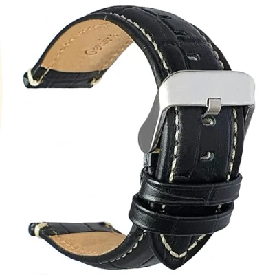 Image of Talk Time Black Genuine Leather Alligator Grain Watch Strap With White Stitching 18mm