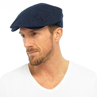 Image of Mens Cotton Linen Fabric Flat Cap Hat Lined Summer Sun Peak Washable Navy L/XL