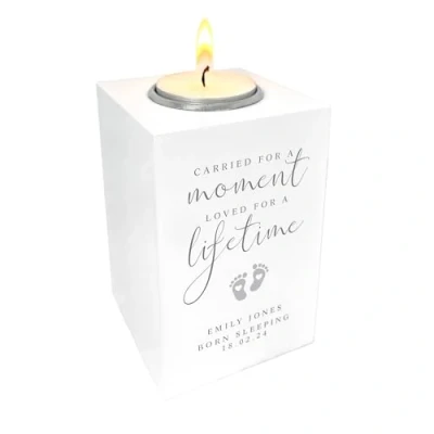 Image of Personalised Angel Baby Memorial White Wooden Photo Tea Light Holder Custom Message Sympathy Gift, Remembrance W7cm x D7cm H10cm