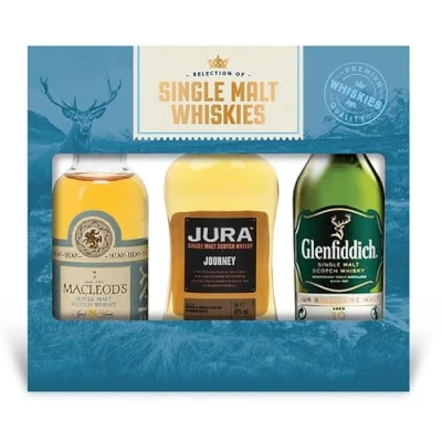 Image of A Selection of single malt Whiskies gift set, including 3 x 5cl bottles whisky. Perfect for Christmas and Birthdays.