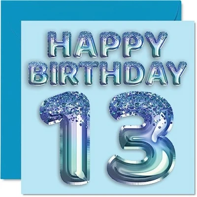 Image of 13th Birthday Card for Boys Blue Glitter Party Balloon Happy Cards 13 Year Old Boy Grandson Son Brother Nephew, 145mm x Thirteen Thirteenth Greeting Gift