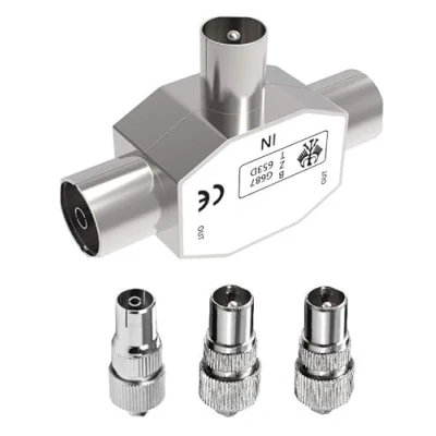 Image of Pencilupnose TV Aerial Coax Splitter, Coaxial Metal Housing, 2 Way 1 Male to Female Adapter Connector Joiner Including 2x 1x Cable Connectors Adaptor