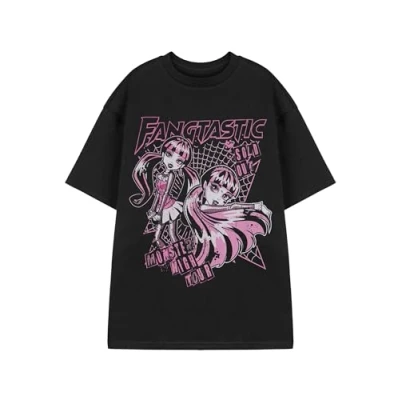Image of Monster High Womens T Shirt Ladies Fangtastic Live Tour Short Sleeve Graphic Tee in Black &amp; Pink Draculaura Spider Web Apparel Crewneck Character Top Fashion Cartoon Series Merchandise Gift