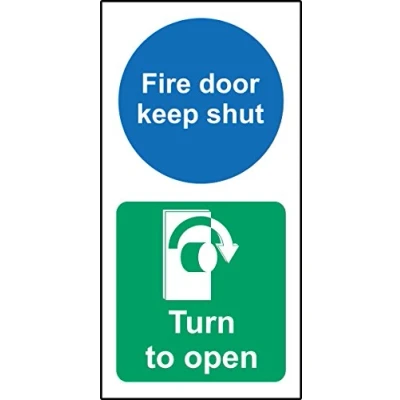 Image of Fire door keep shut Turn right to open Safety sign Self adhesive sticker 200mm x 100mm