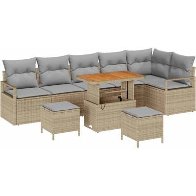 Image of vidaXL 9 Piece Garden Sofa Set with Cushions Beige Poly Rattan Acacia