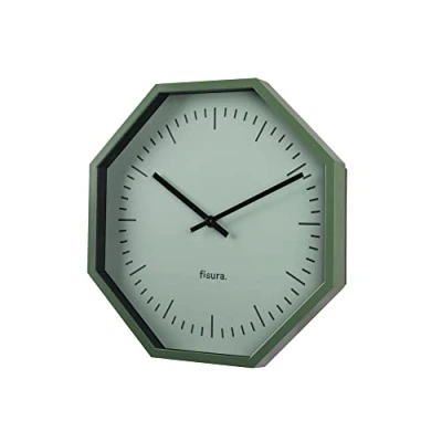 Image of FISURA Original octagonal green wall clock. Modern clock kitchen. Non ticking 30 centimetres diameter. ABS and Glass. 1 AA Battery.