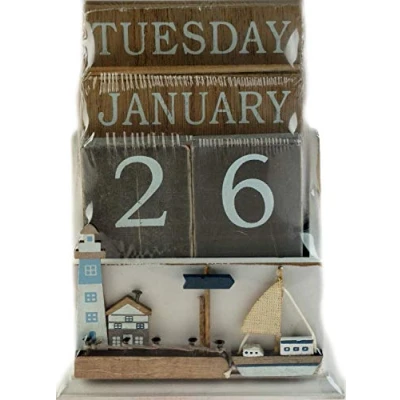 Image of Nautical Wooden Perpetual Calendar Desk Top Eternal Blocks Lighthouse