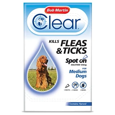 Image of Bob Martin Clear Spot On Flea Treatment for Medium Dogs (10 20kg) Kills Fleas &amp; Ticks (3 Pipettes)
