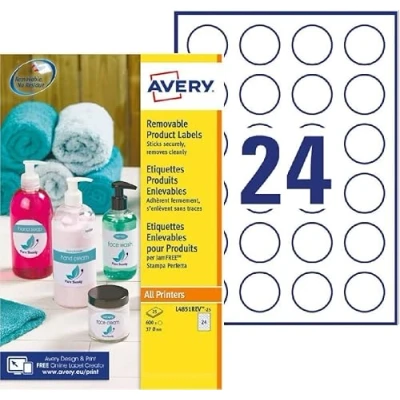 Image of Avery Printable, Customisable Removable Round Labels, 24 Labels Per A4 Sheet, 600 White