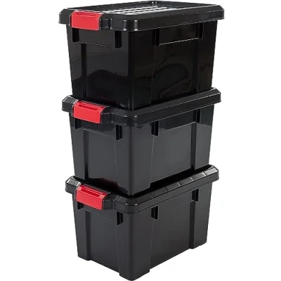 Image of Iris Ohyama, Garage Storage Boxes, Plastic Boxes with Lids, Closing Clips, 21L/3Pack, BPA Free, Black, W46.5 x D29.5 H25.5cm, SK 210