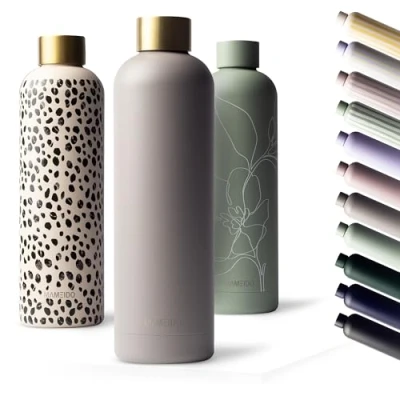 Image of MAMEIDO Metal Water Bottle 500ml, 750ml &amp; 1l Leak Proof Insulated Bottle. BPA Free Stainless Steel, Thermo Flask (Taupe Grey Gold, 0,5l)