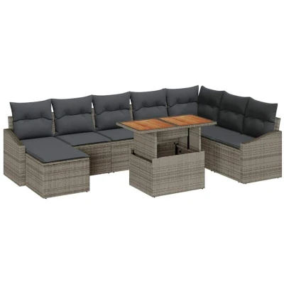 Image of vidaXL 9 Piece Garden Dining Set with Cushions Grey Poly Rattan Acacia