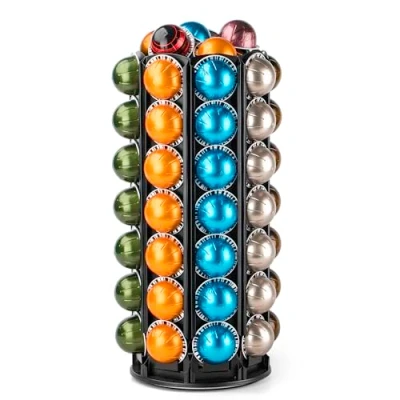 Image of Bagoo Coffee Pod Carousel Holder for Nespresso Vertuoline 360 Degree Rotation with Central Additional Storage Vertuo Capsules (56+)