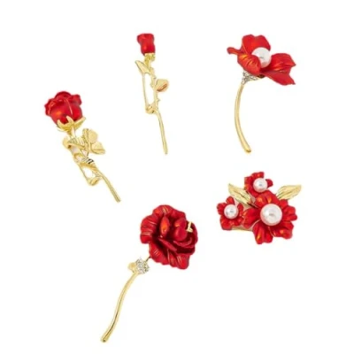 Image of 5Pcs Rose Brooches for Women Pearl Flower Brooch Safety Pins Red Corsage Suit Breastpin Decorative Floral Lapel Pin Party Banquet Wedding Accessories Jewelry Gift