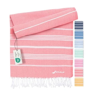Image of Fit Flip hammam towel beach XXL made from 100% recycled cotton Quick drying Turkish towels, fouta, pestemal towels ideal as a blanket Coral 100x200cm Sultan