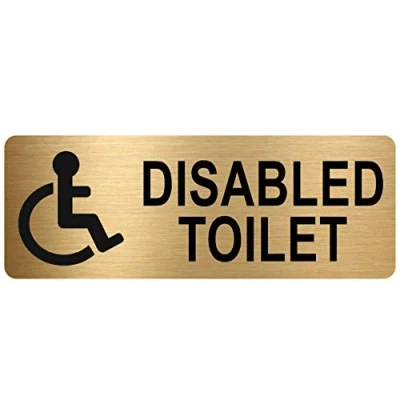 Image of METAL Disabled Toilet Sign WITH IMAGE Brushed Gold Aluminium Safety Security Door Notice Shop Warehouse School Cafe Restaurant Business Mobility Disability Wheelchair Bathroom Lavatory