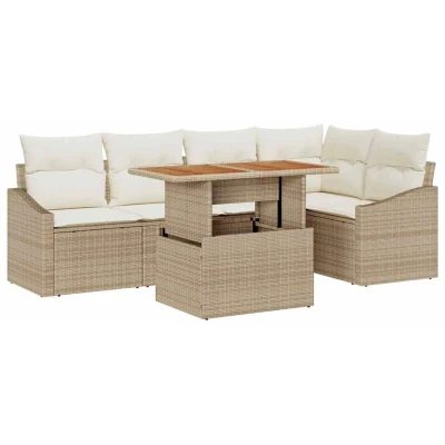 Image of vidaXL 6 Piece Garden Dining Set with Cushions Beige Poly Rattan Acacia