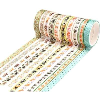 Image of YUBX Skinny Gold Washi Tape Set Foil Decorative for DIY Crafts, Bullet Journals, Planners, Scrapbooking, Wrapping (Dog Theme)