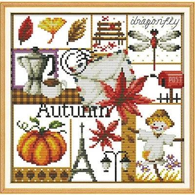 Image of Awesocrafts Cross Stitch Kits, Four Seasons of Autumn Easy Patterns Stitching Embroidery Kit Supplies, Counted (Autumn, Counted)