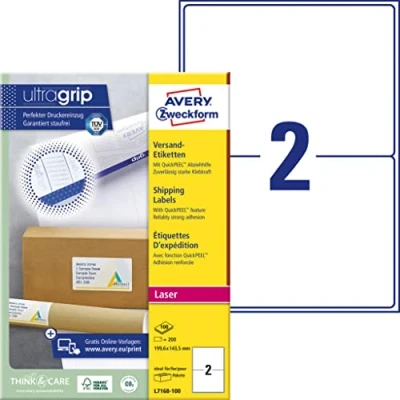 Image of Avery Zweckform L7168 100 Packaging Labels for Packets and Parcels 199.6 x 143.5 mm Sheets