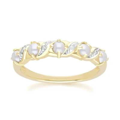 Image of Classic Art Nouveau Style Pearl &amp; Diamond Eternity Ring in 9ct Yellow Gold